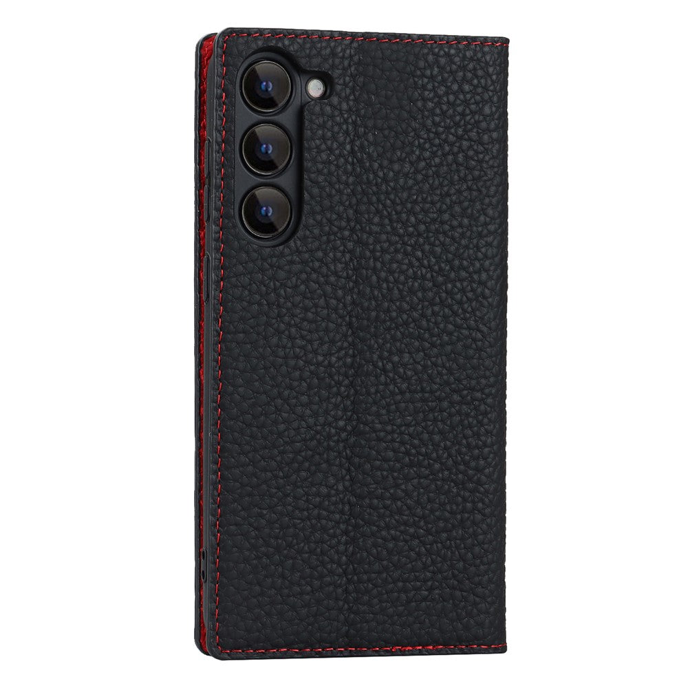 Samsung Galaxy S23 Stötsäkert Litchi Texture Phone Case Flip Äkta Läder Plånboksfodral mobilskydd med Handrem
