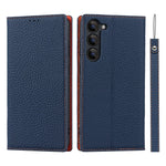 Samsung Galaxy S23 Stötsäkert Litchi Texture Phone Case Flip Äkta Läder Plånboksfodral mobilskydd med Handrem