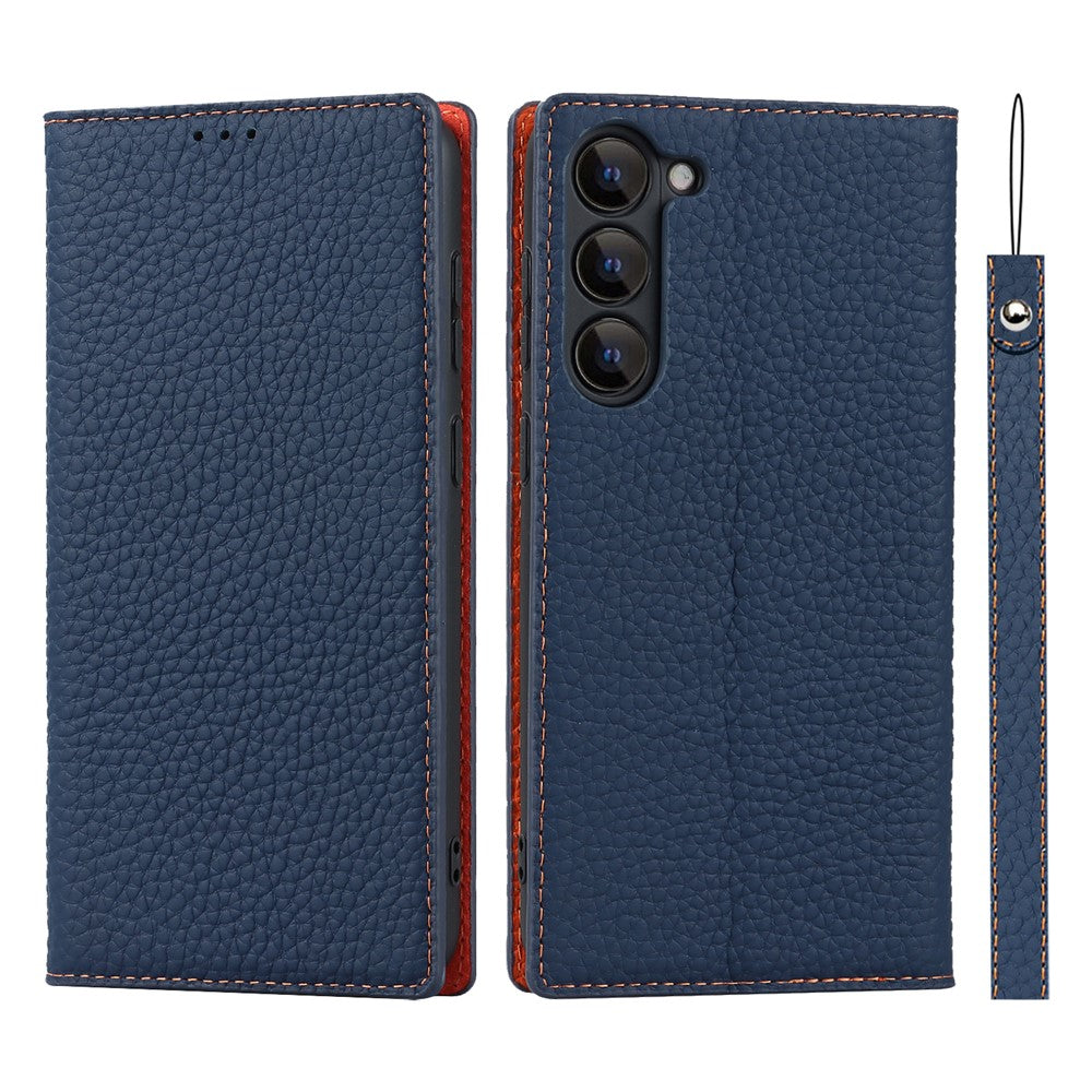 Samsung Galaxy S23 Stötsäkert Litchi Texture Phone Case Flip Äkta Läder Plånboksfodral mobilskydd med Handrem