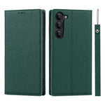 Samsung Galaxy S23 Stötsäkert Litchi Texture Phone Case Flip Äkta Läder Plånboksfodral mobilskydd med Handrem