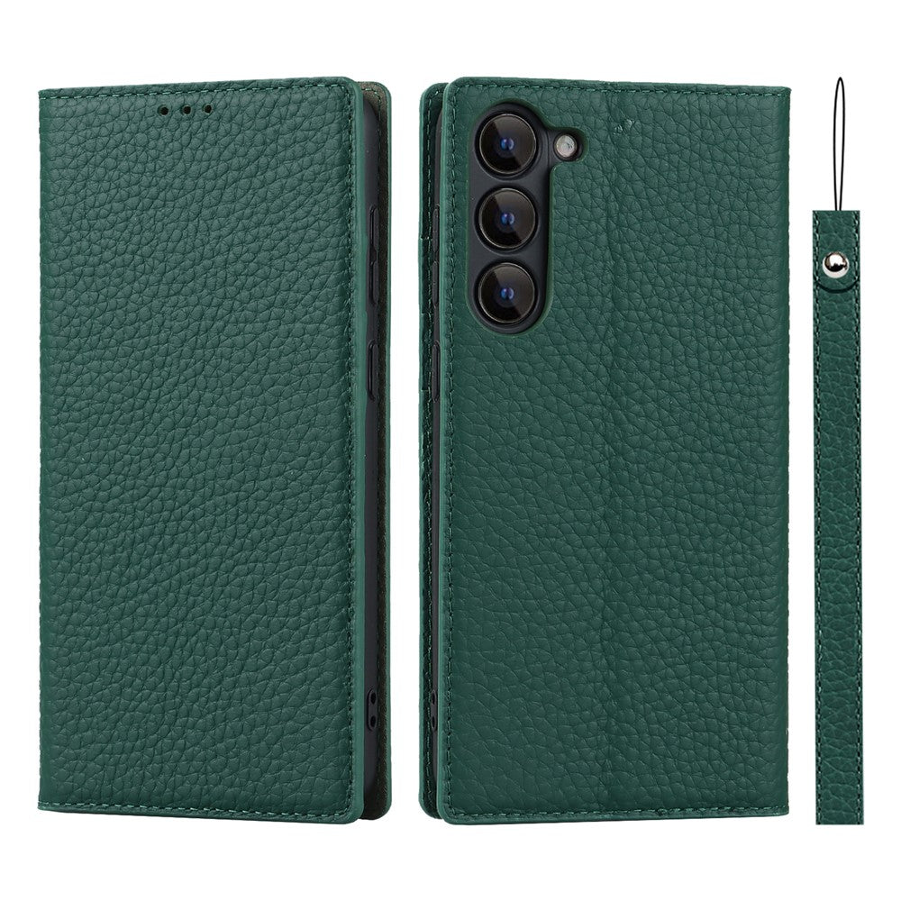 Samsung Galaxy S23 Stötsäkert Litchi Texture Phone Case Flip Äkta Läder Plånboksfodral mobilskydd med Handrem