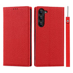 Samsung Galaxy S23 Stötsäkert Litchi Texture Phone Case Flip Äkta Läder Plånboksfodral mobilskydd med Handrem