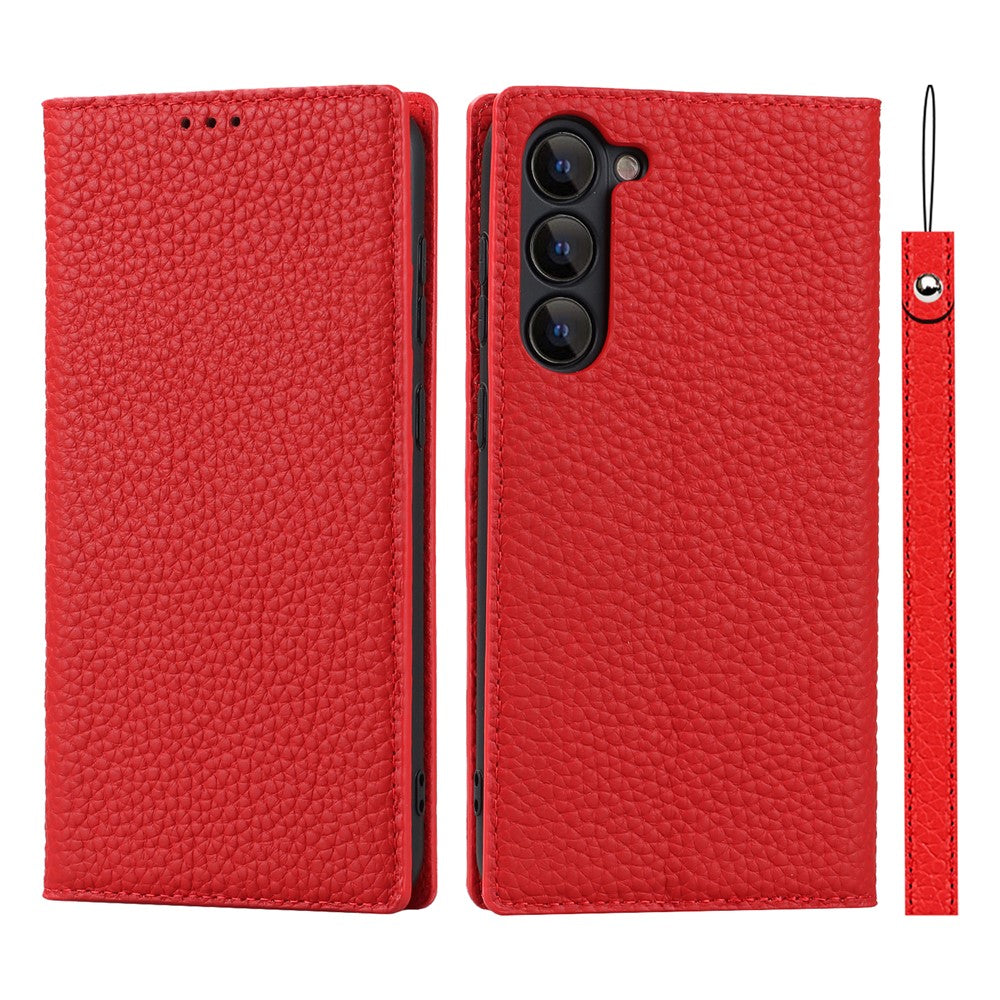 Samsung Galaxy S23 Stötsäkert Litchi Texture Phone Case Flip Äkta Läder Plånboksfodral mobilskydd med Handrem