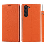 Samsung Galaxy S23 Stötsäkert Litchi Texture Phone Case Flip Äkta Läder Plånboksfodral mobilskydd med Handrem
