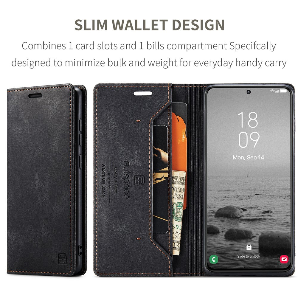 AUTSPACE A01 Series for Samsung Galaxy S23 RFID Blocking Anti-drop Phone Case Retro Texture PU Leather Wallet Stand Matte Flip Phone Cover