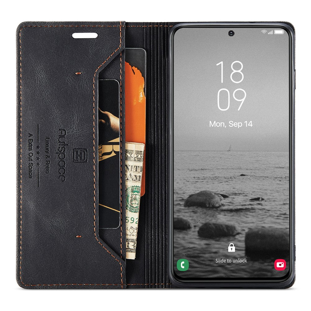AUTSPACE A01 Series for Samsung Galaxy S23 RFID Blocking Anti-drop Phone Case Retro Texture PU Leather Wallet Stand Matte Flip Phone Cover