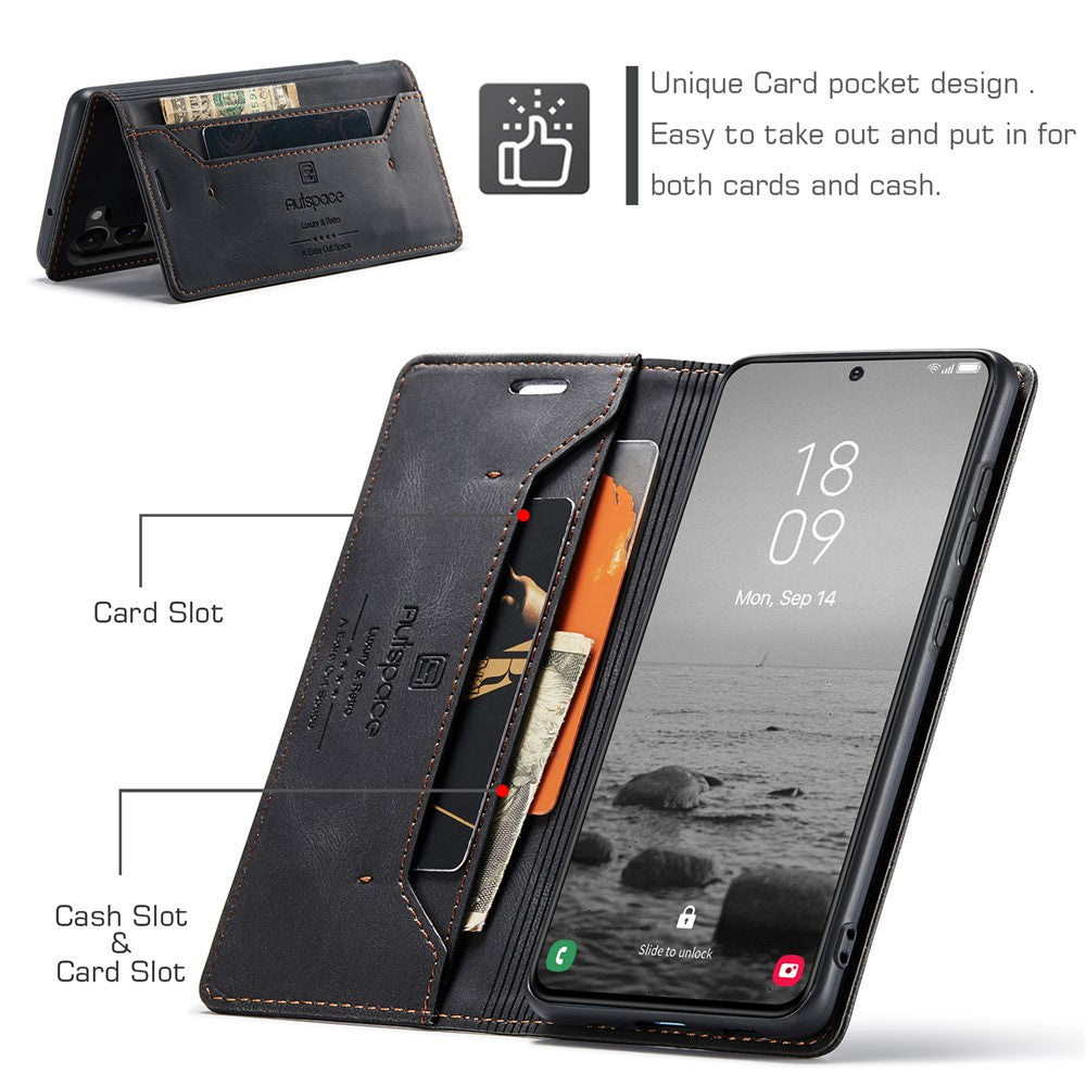 AUTSPACE A01 Series for Samsung Galaxy S23 RFID Blocking Anti-drop Phone Case Retro Texture PU Leather Wallet Stand Matte Flip Phone Cover