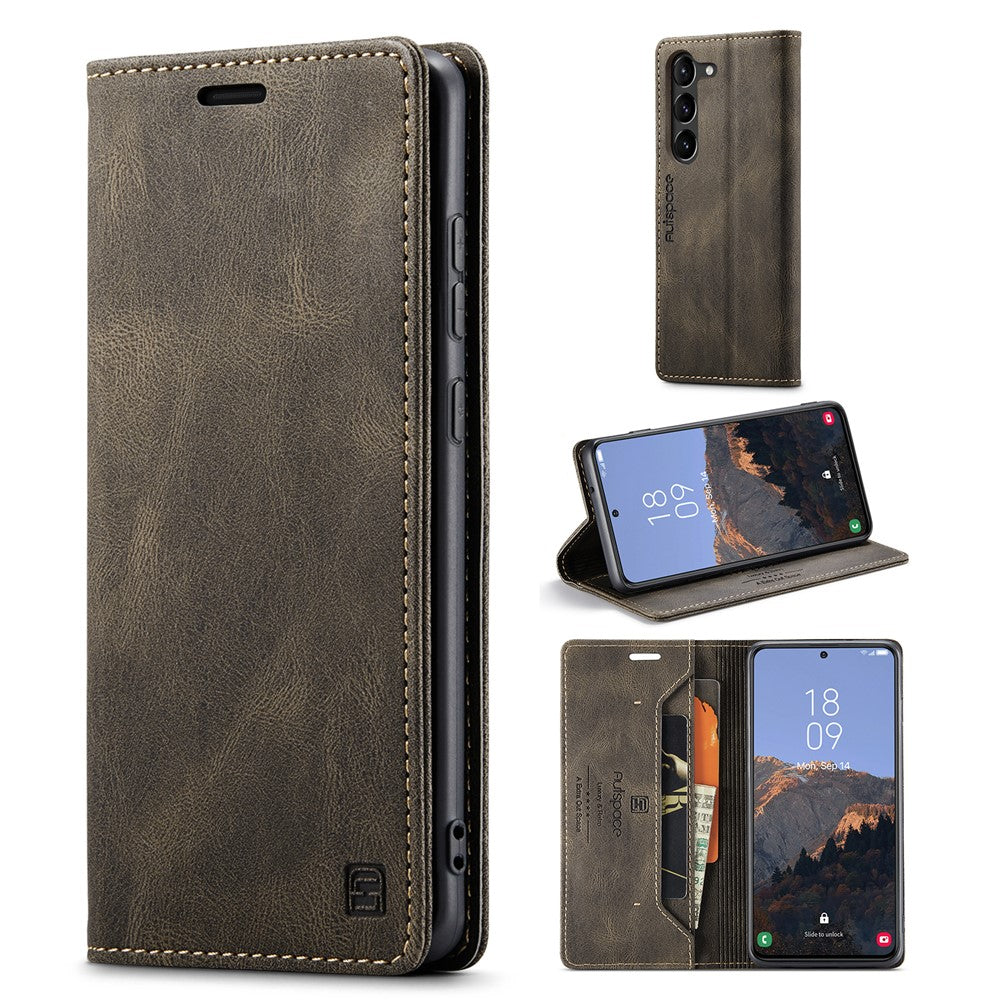 AUTSPACE A01 Series for Samsung Galaxy S23 RFID Blocking Anti-drop Phone Case Retro Texture PU Leather Wallet Stand Matte Flip Phone Cover