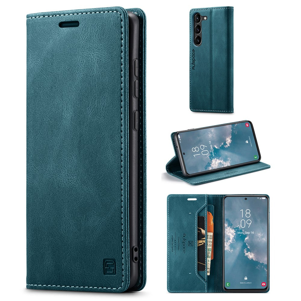 AUTSPACE A01 Series for Samsung Galaxy S23 RFID Blocking Anti-drop Phone Case Retro Texture PU Leather Wallet Stand Matte Flip Phone Cover