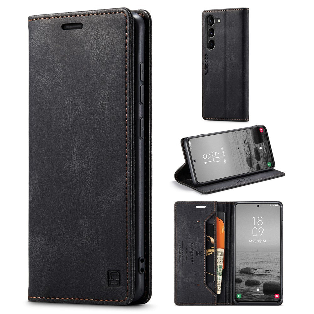 AUTSPACE A01 Series for Samsung Galaxy S23+ RFID Blocking Cell Phone Case Stand Wallet Retro Texture Shockproof PU Leather Matte Phone Cover