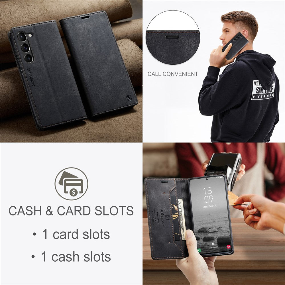 AUTSPACE A01-serien för Samsung Galaxy S23+ RFID-blockerande mobilmobilskal stativ plånbok retrotextur stötsäkert PU-läder matt mobilskal
