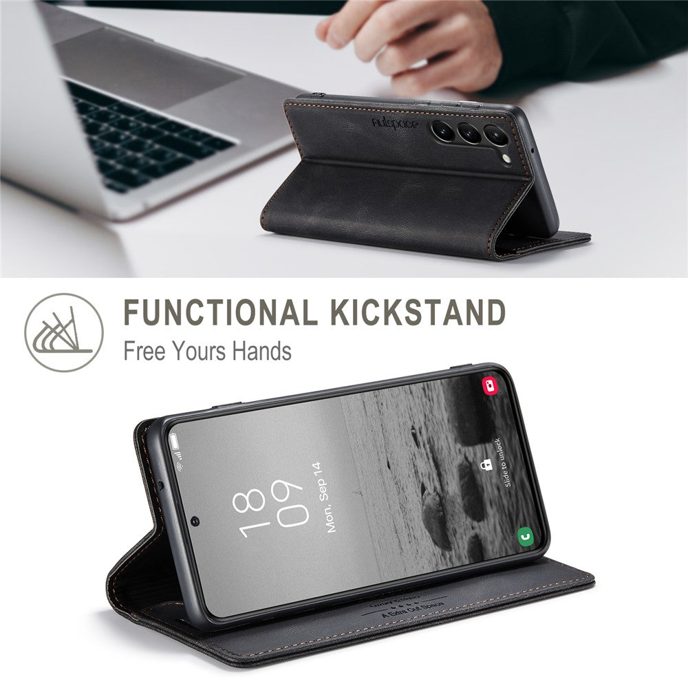 AUTSPACE A01-serien för Samsung Galaxy S23+ RFID-blockerande mobilmobilskal stativ plånbok retrotextur stötsäkert PU-läder matt mobilskal