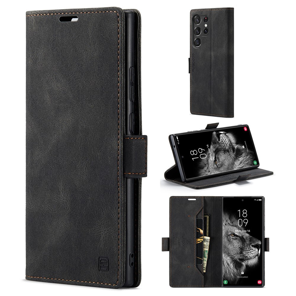 AUTSPACE A01-serien til Samsung Galaxy S23 Ultra RFID-blokerende telefoncover Flip Læder Stand Pung Fuld Beskyttelse Retro Tekstur Mat Telefoncover
