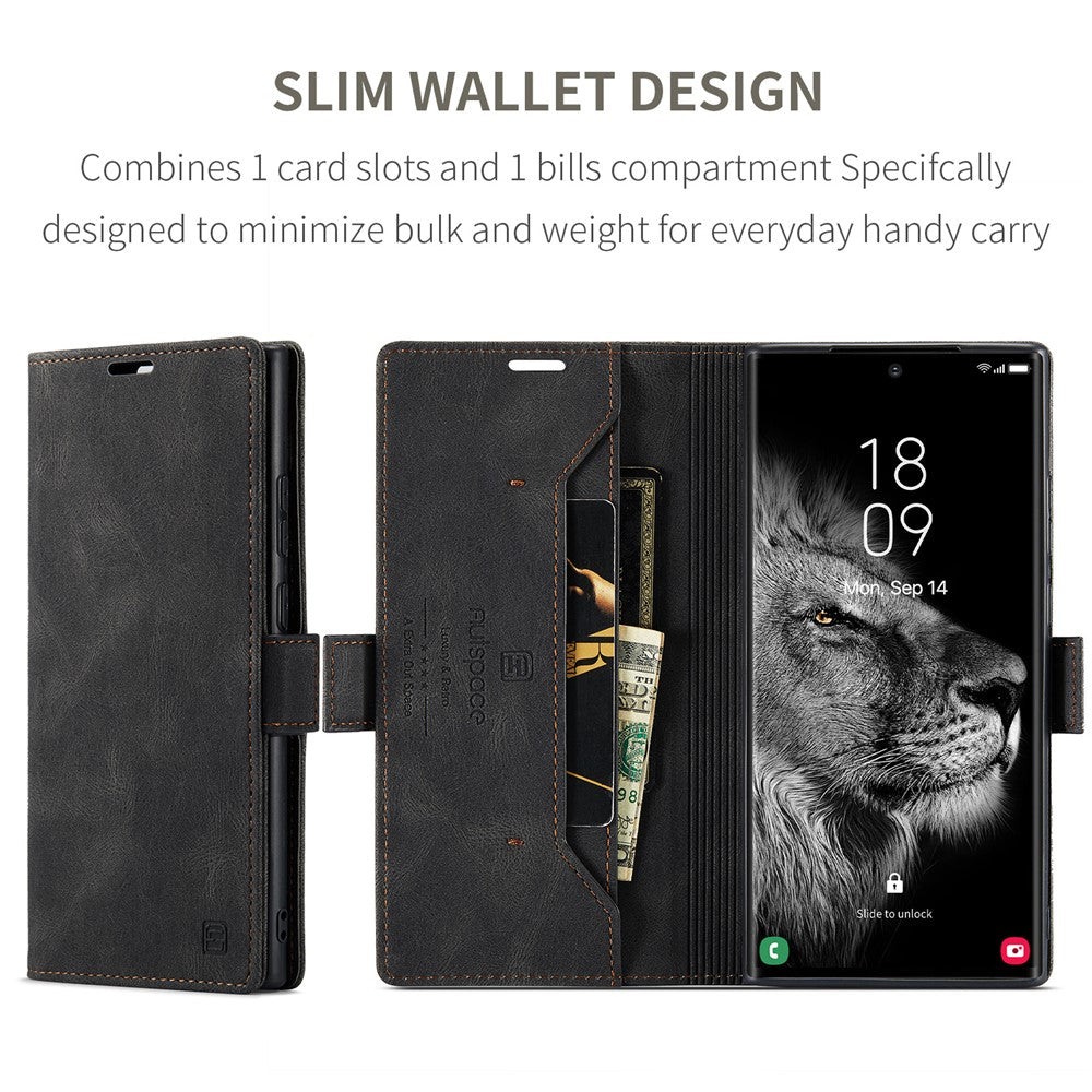 AUTSPACE A01-serien til Samsung Galaxy S23 Ultra RFID-blokerende telefoncover Flip Læder Stand Pung Fuld Beskyttelse Retro Tekstur Mat Telefoncover