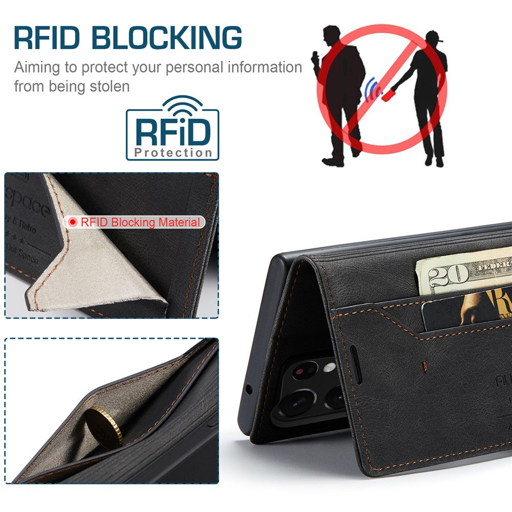 AUTSPACE A01-serien til Samsung Galaxy S23 Ultra RFID-blokerende telefoncover Flip Læder Stand Pung Fuld Beskyttelse Retro Tekstur Mat Telefoncover