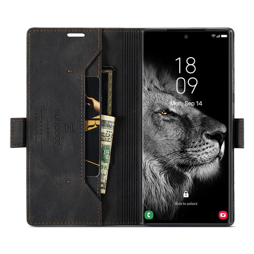 AUTSPACE A01-serien til Samsung Galaxy S23 Ultra RFID-blokerende telefoncover Flip Læder Stand Pung Fuld Beskyttelse Retro Tekstur Mat Telefoncover