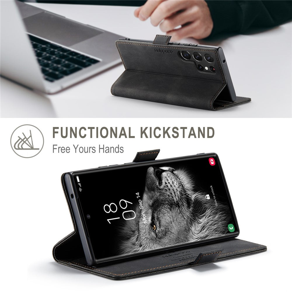 AUTSPACE A01-serien til Samsung Galaxy S23 Ultra RFID-blokerende telefoncover Flip Læder Stand Pung Fuld Beskyttelse Retro Tekstur Mat Telefoncover