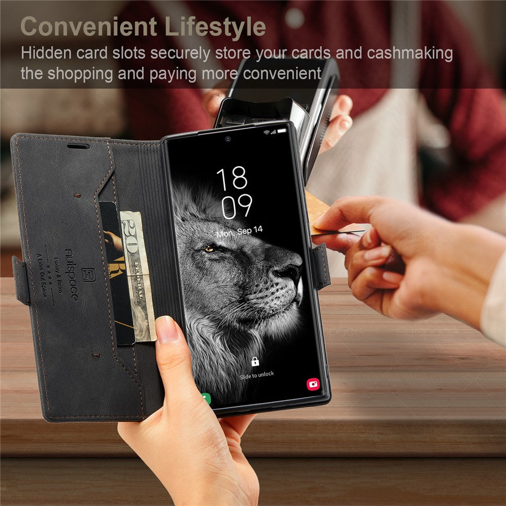 AUTSPACE A01-serien til Samsung Galaxy S23 Ultra RFID-blokerende telefoncover Flip Læder Stand Pung Fuld Beskyttelse Retro Tekstur Mat Telefoncover