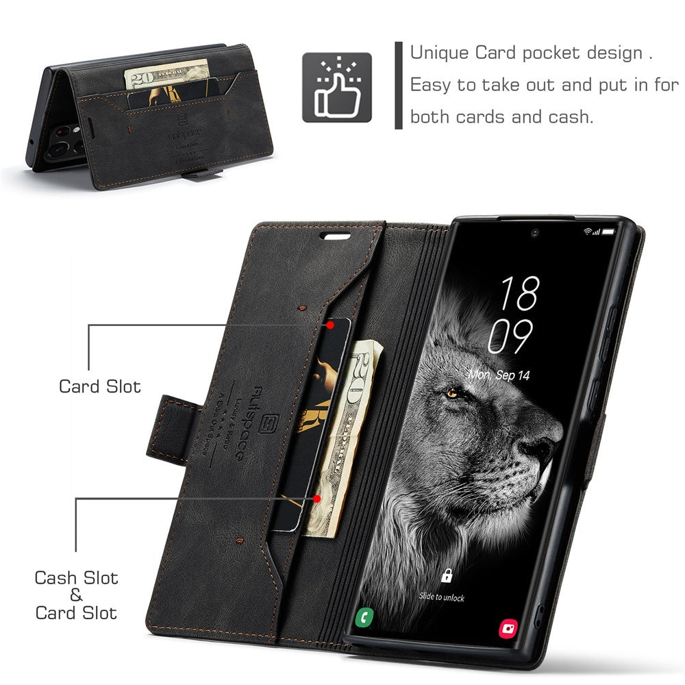 AUTSPACE A01-serien til Samsung Galaxy S23 Ultra RFID-blokerende telefoncover Flip Læder Stand Pung Fuld Beskyttelse Retro Tekstur Mat Telefoncover