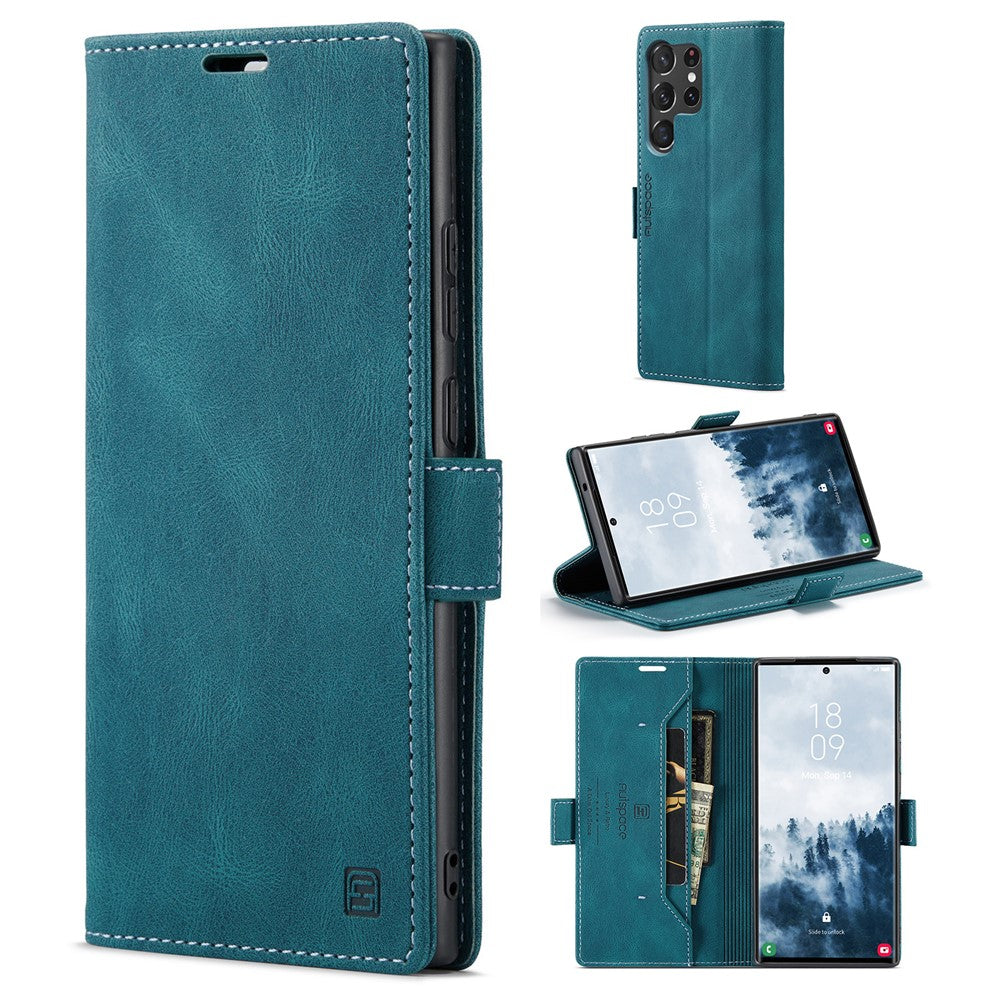 AUTSPACE A01-serien til Samsung Galaxy S23 Ultra RFID-blokerende telefoncover Flip Læder Stand Pung Fuld Beskyttelse Retro Tekstur Mat Telefoncover