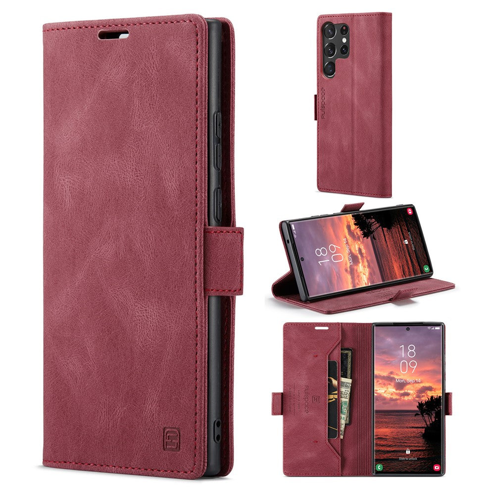 AUTSPACE A01-serien til Samsung Galaxy S23 Ultra RFID-blokerende telefoncover Flip Læder Stand Pung Fuld Beskyttelse Retro Tekstur Mat Telefoncover
