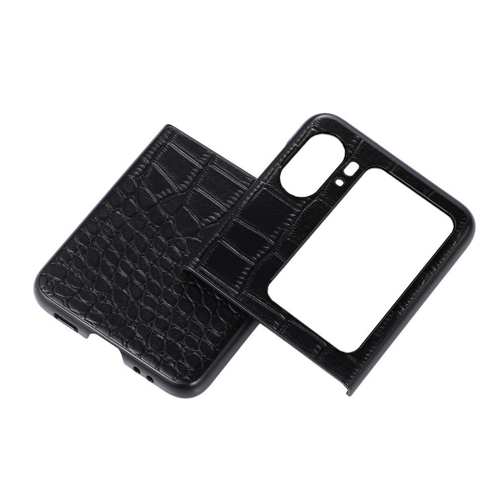 For Oppo Find N2 Flip 5G Shockproof Genuine Cowhide Leather Coated PC Phone Case Crocodile Texture Anti-Scratch Folding Cover