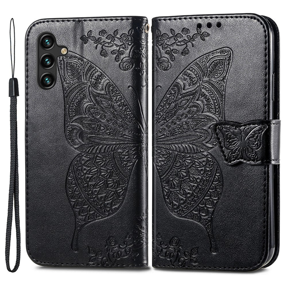 Samsung Galaxy A14 5G / A14 4G Skal Präglat Fjärilsmönster PU-läder Plånboksfodral Stativ med Rem
