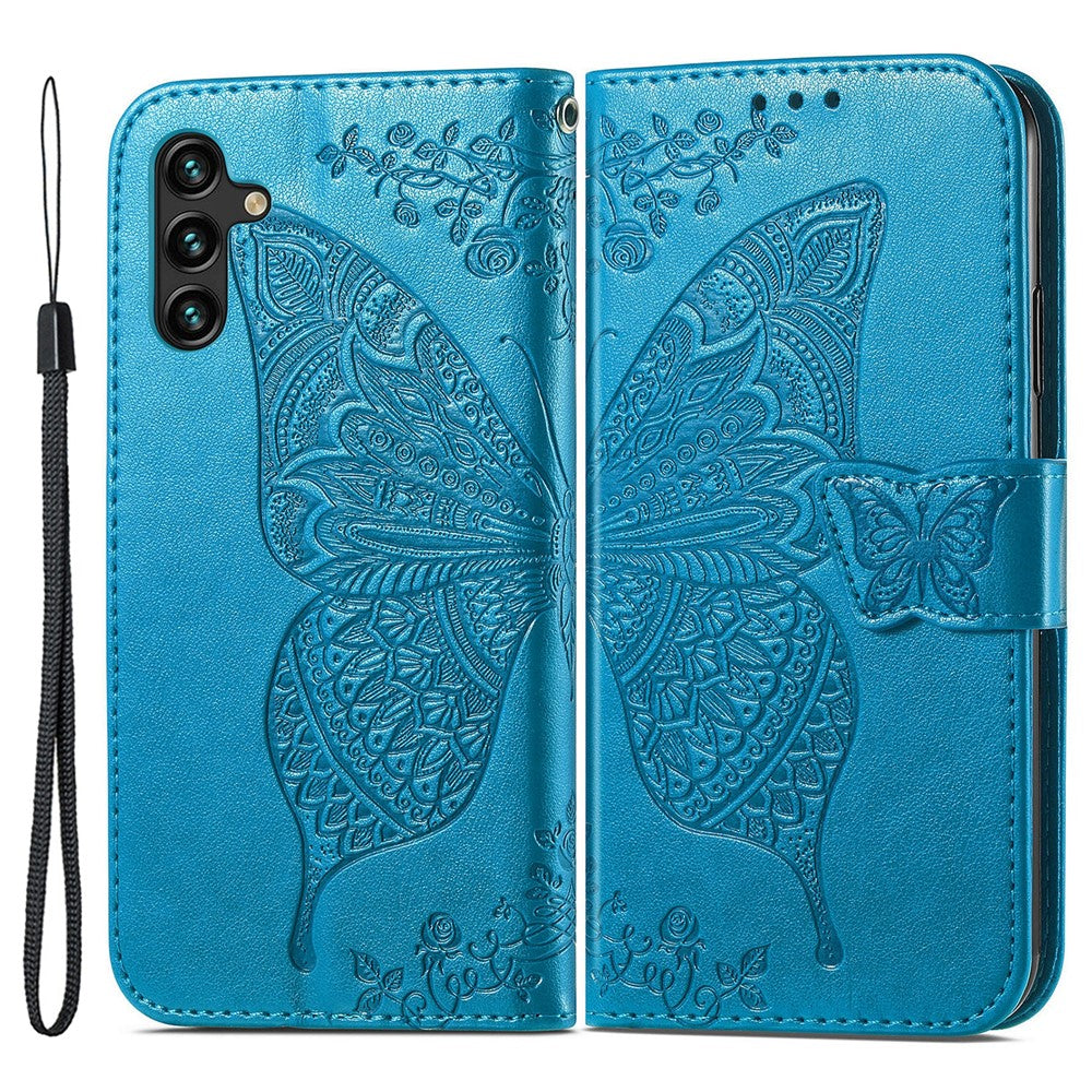 Samsung Galaxy A14 5G / A14 4G Skal Präglat Fjärilsmönster PU-läder Plånboksfodral Stativ med Rem