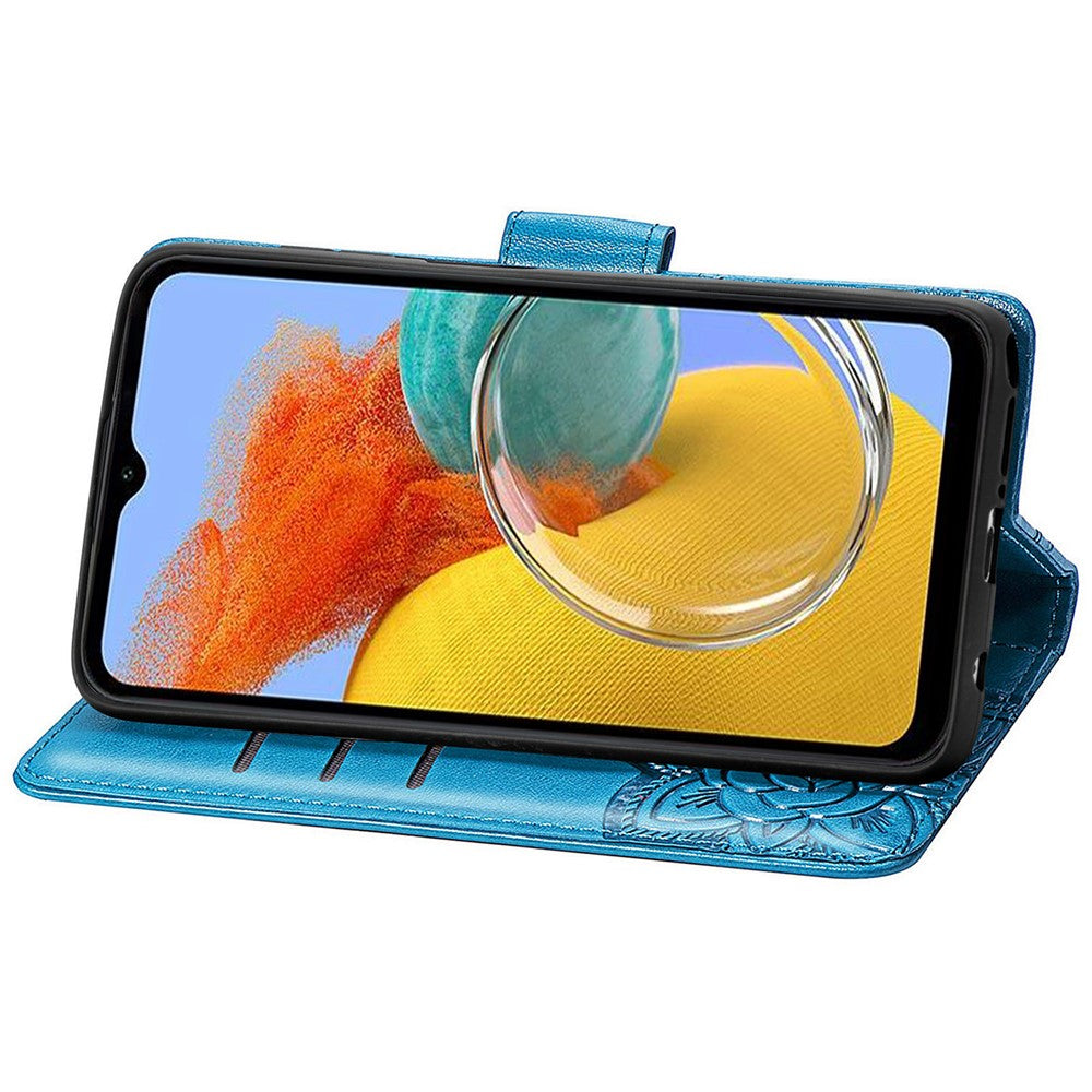 Samsung Galaxy A14 5G / A14 4G Skal Präglat Fjärilsmönster PU-läder Plånboksfodral Stativ med Rem