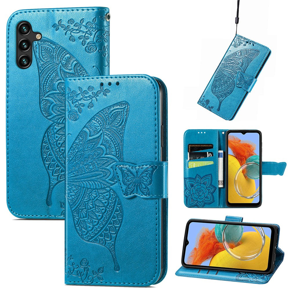 Samsung Galaxy A14 5G / A14 4G Skal Präglat Fjärilsmönster PU-läder Plånboksfodral Stativ med Rem