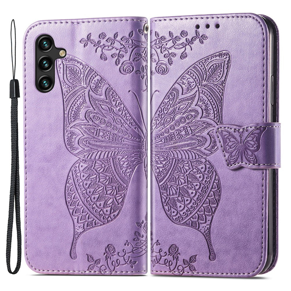 Samsung Galaxy A14 5G / A14 4G Skal Präglat Fjärilsmönster PU-läder Plånboksfodral Stativ med Rem