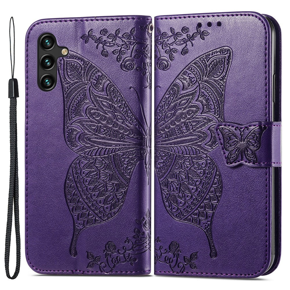 Samsung Galaxy A14 5G / A14 4G Skal Präglat Fjärilsmönster PU-läder Plånboksfodral Stativ med Rem