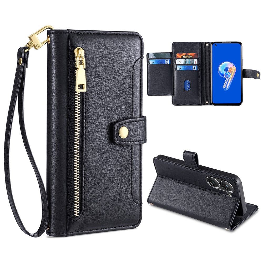 Til Asus Zenfone 9 5G Lynlåslomme PU Læder Stand Etui Kortpladser Flip Telefoncover med Håndledsrem og Skulderrem