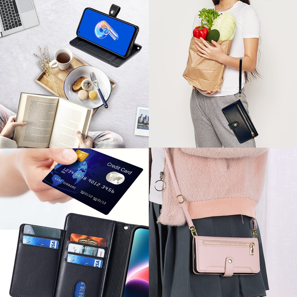 Til Asus Zenfone 9 5G Lynlåslomme PU Læder Stand Etui Kortpladser Flip Telefoncover med Håndledsrem og Skulderrem