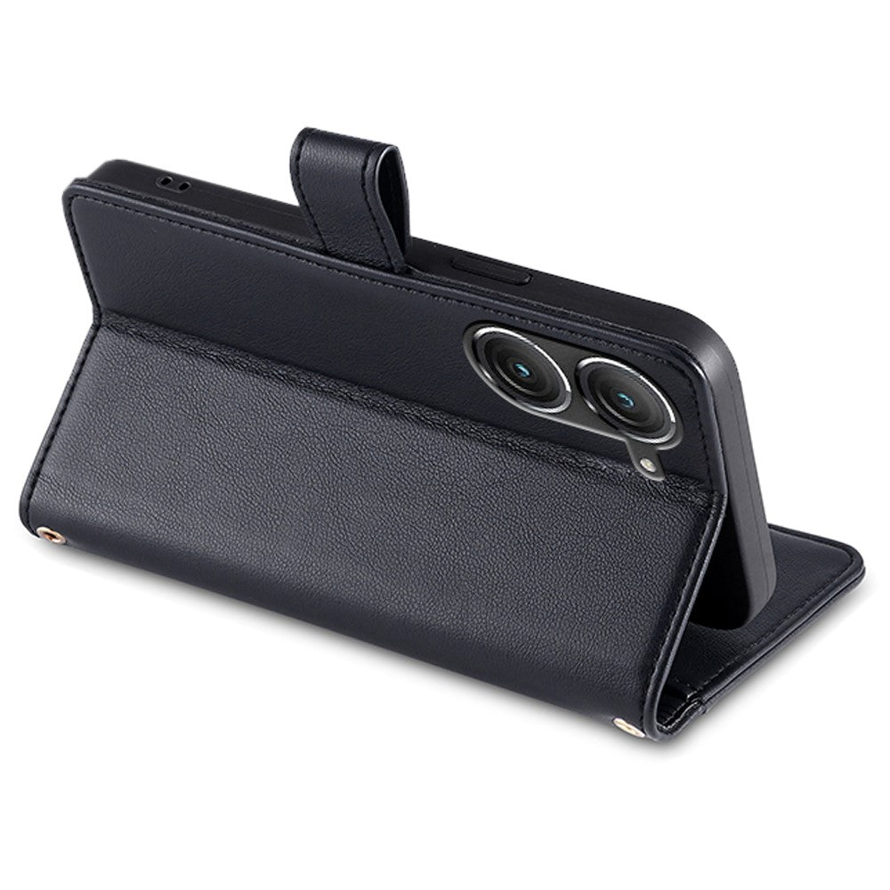 Til Asus Zenfone 9 5G Lynlåslomme PU Læder Stand Etui Kortpladser Flip Telefoncover med Håndledsrem og Skulderrem