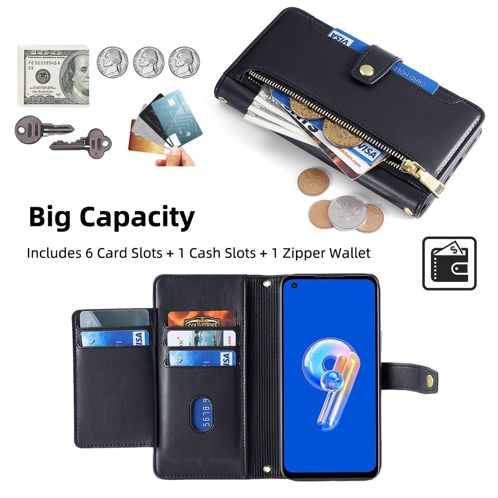 Til Asus Zenfone 9 5G Lynlåslomme PU Læder Stand Etui Kortpladser Flip Telefoncover med Håndledsrem og Skulderrem