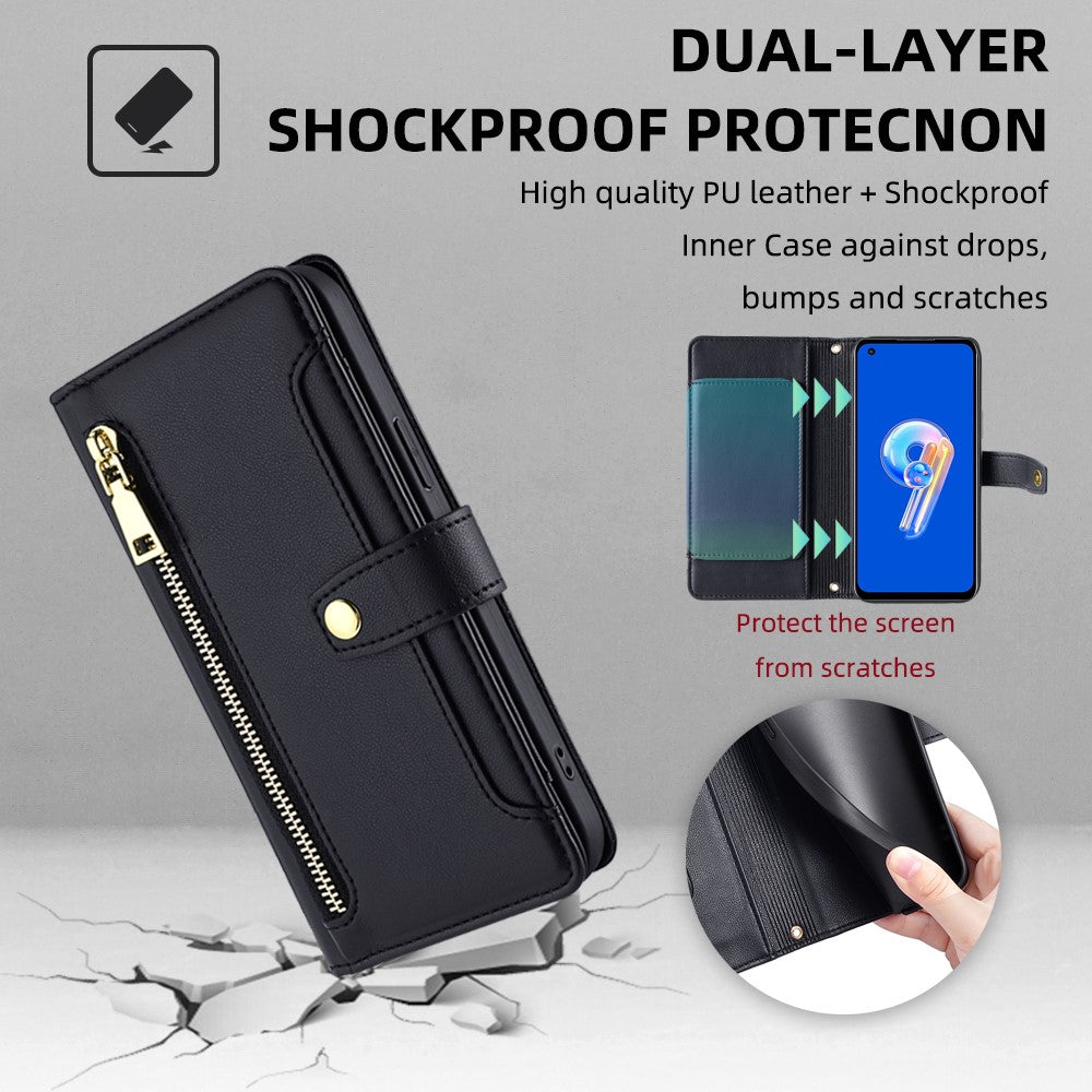 Til Asus Zenfone 9 5G Lynlåslomme PU Læder Stand Etui Kortpladser Flip Telefoncover med Håndledsrem og Skulderrem