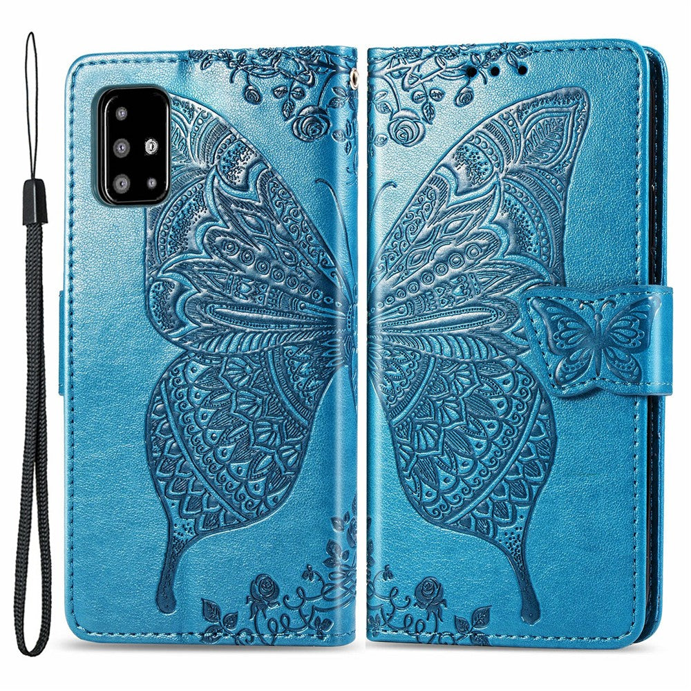 Samsung Galaxy A51 4G SM-A515 Tryckt fjärilsmönster Reptåligt mobilskal PU-läder Stativ Plånboksfodral med rem