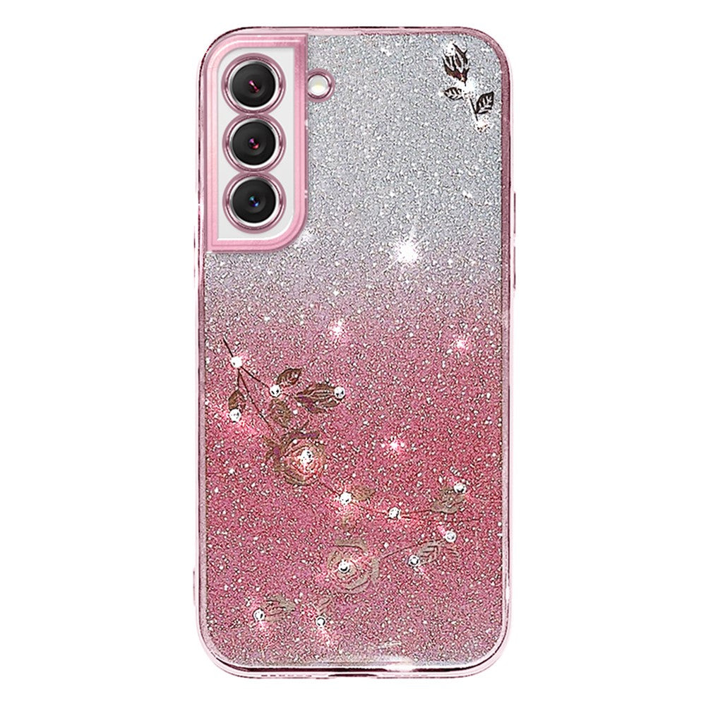 KADEM Rhinestone Design Smartphone Case for Samsung Galaxy S22 5G, Anti-Scratch Flower Pattern Decor Glitter Powder Gradient Color TPU Phone Cover