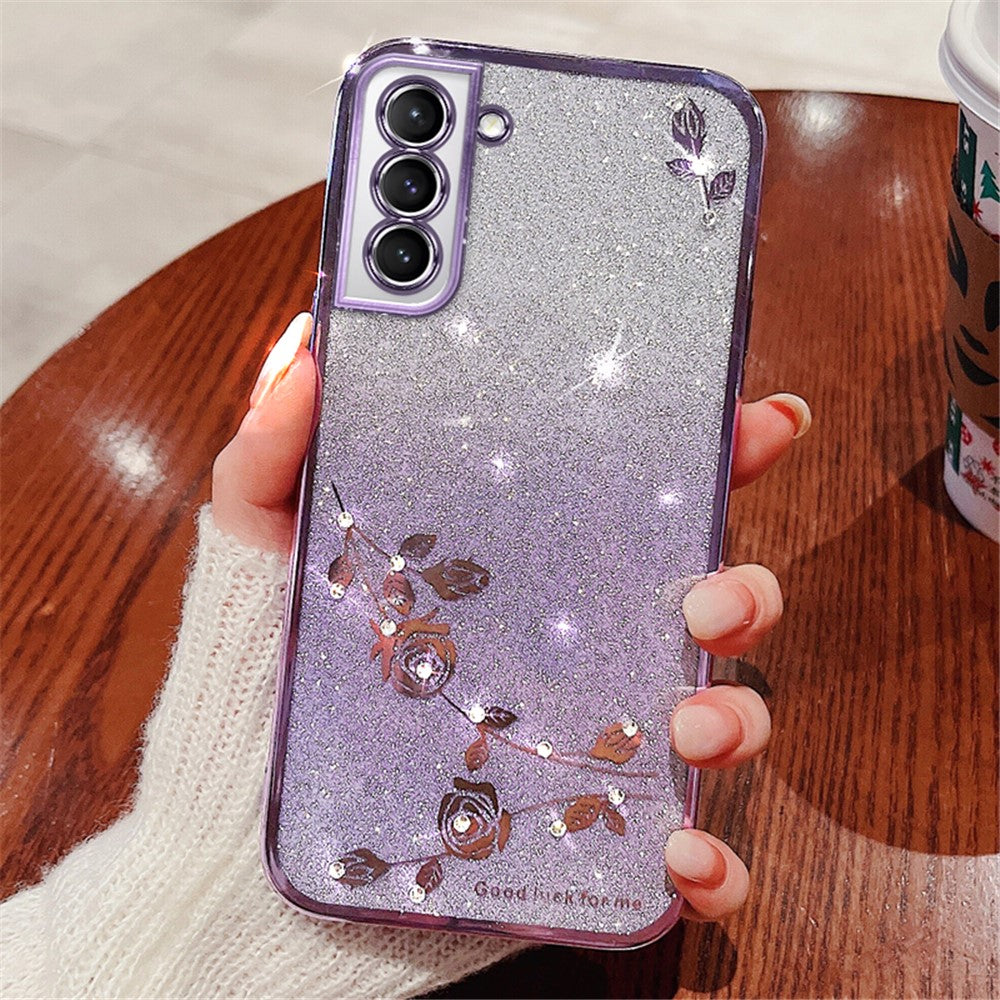 KADEM För Samsung Galaxy S21 5G Dammtät Mobilskal Blommönster Dekor Strass Design Glitter Pulver Gradient Färg TPU Smartphoneskal