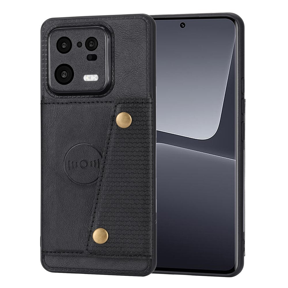 For Xiaomi 13 5G Kickstand Phone Case Dual Button Card Slots Drop-proof PU Leather Coated TPU Case with Built-in Metal Sheet