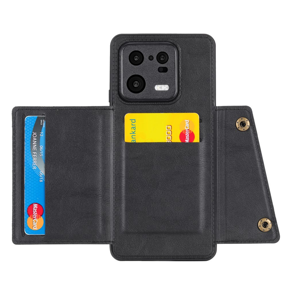 For Xiaomi 13 5G Kickstand Phone Case Dual Button Card Slots Drop-proof PU Leather Coated TPU Case with Built-in Metal Sheet