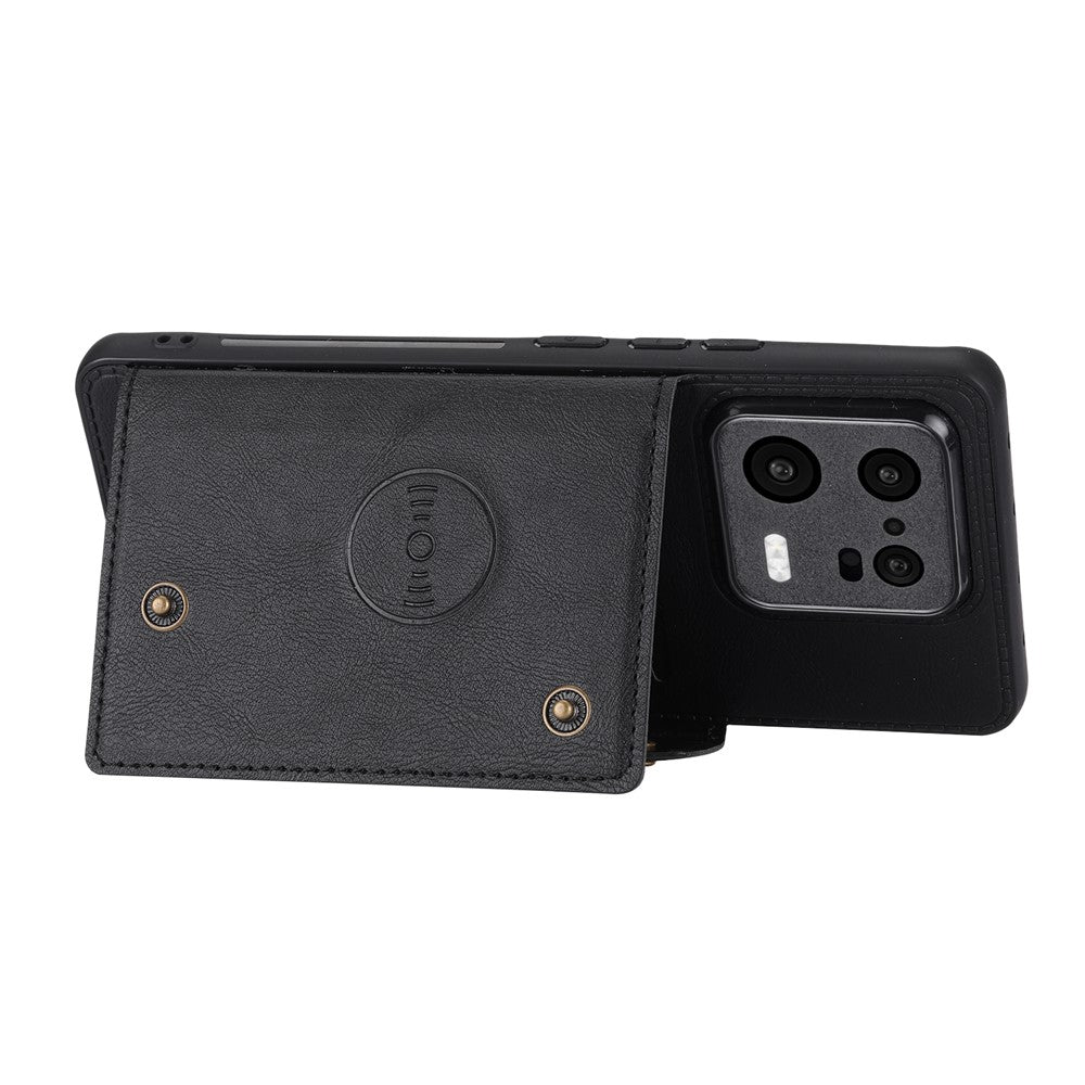 For Xiaomi 13 5G Kickstand Phone Case Dual Button Card Slots Drop-proof PU Leather Coated TPU Case with Built-in Metal Sheet