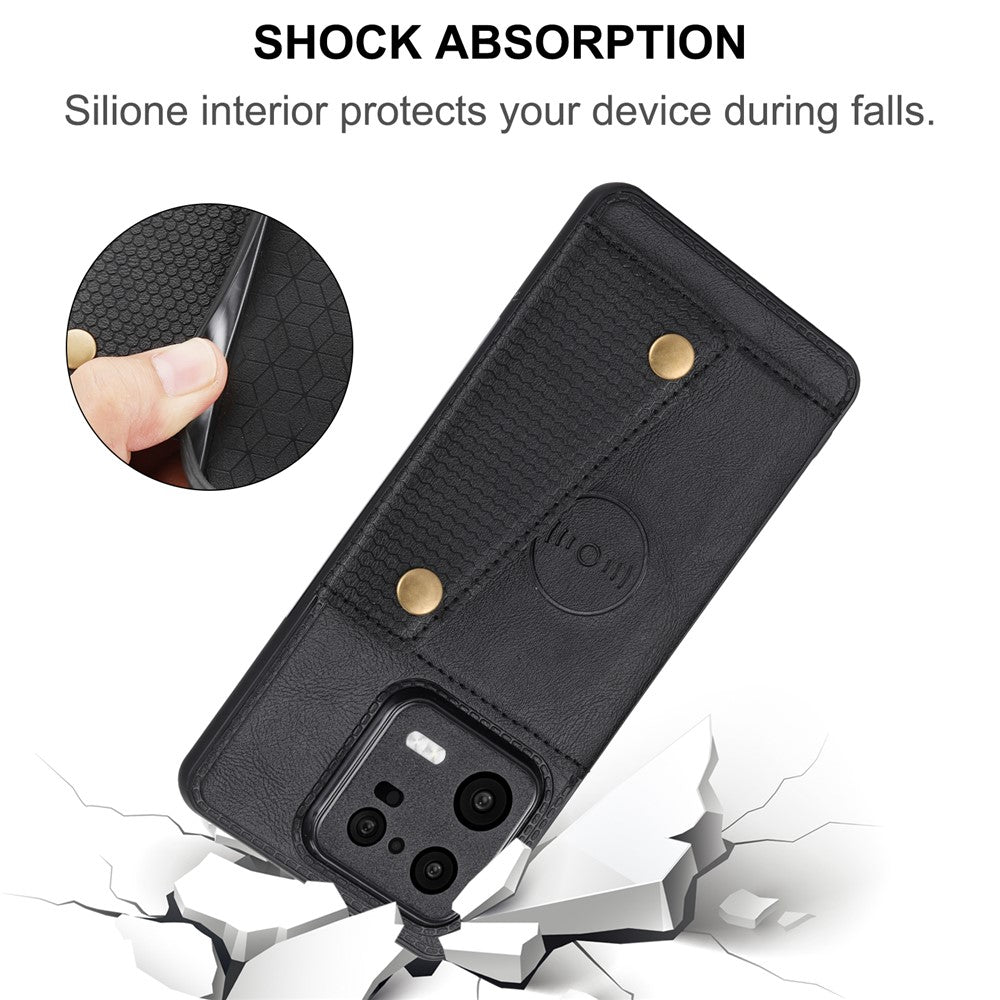 For Xiaomi 13 5G Kickstand Phone Case Dual Button Card Slots Drop-proof PU Leather Coated TPU Case with Built-in Metal Sheet