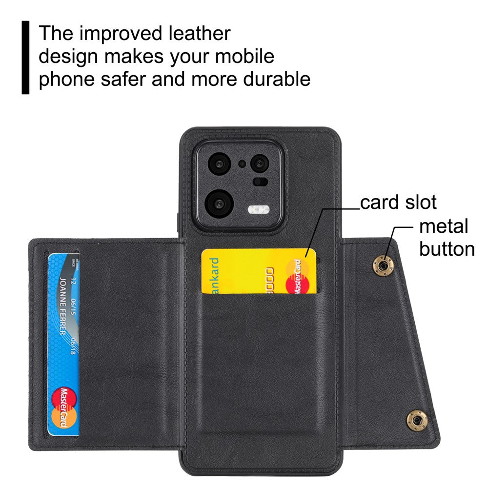 For Xiaomi 13 5G Kickstand Phone Case Dual Button Card Slots Drop-proof PU Leather Coated TPU Case with Built-in Metal Sheet