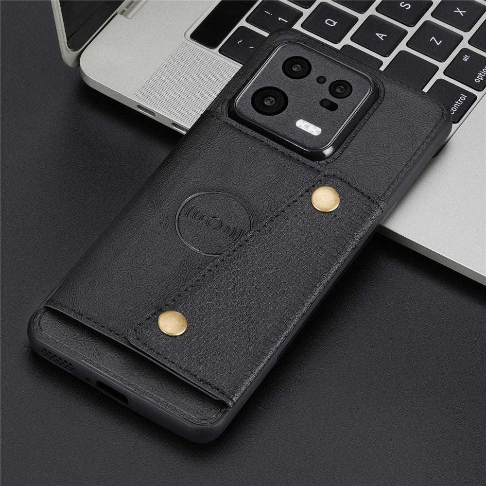 For Xiaomi 13 5G Kickstand Phone Case Dual Button Card Slots Drop-proof PU Leather Coated TPU Case with Built-in Metal Sheet