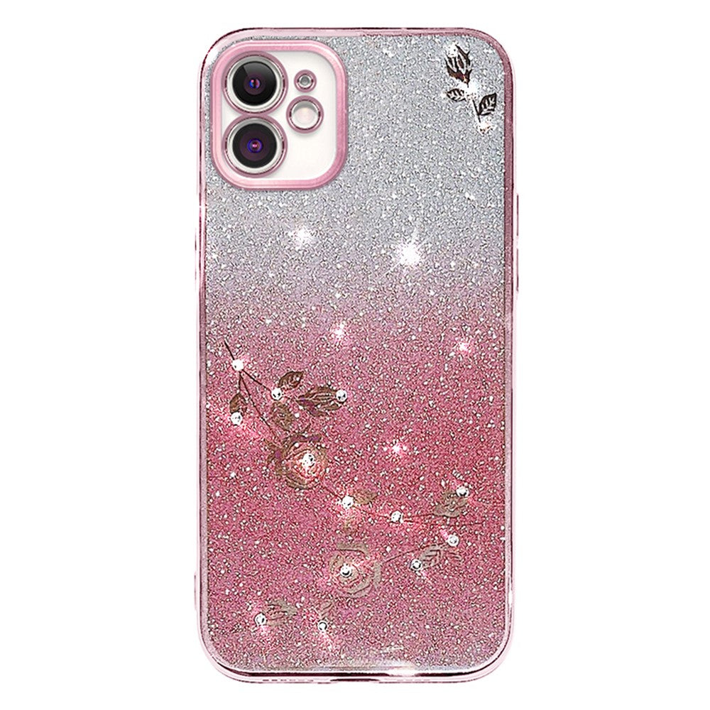 KADEM Gradient Glitter Powder TPU Cover til iPhone 12 6.1 tommer, Rhinsten Dekoreret Blomstermønster Anti-fald Beskyttelsescover