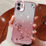 KADEM Gradient Glitter Powder TPU Cover til iPhone 12 6.1 tommer, Rhinsten Dekoreret Blomstermønster Anti-fald Beskyttelsescover