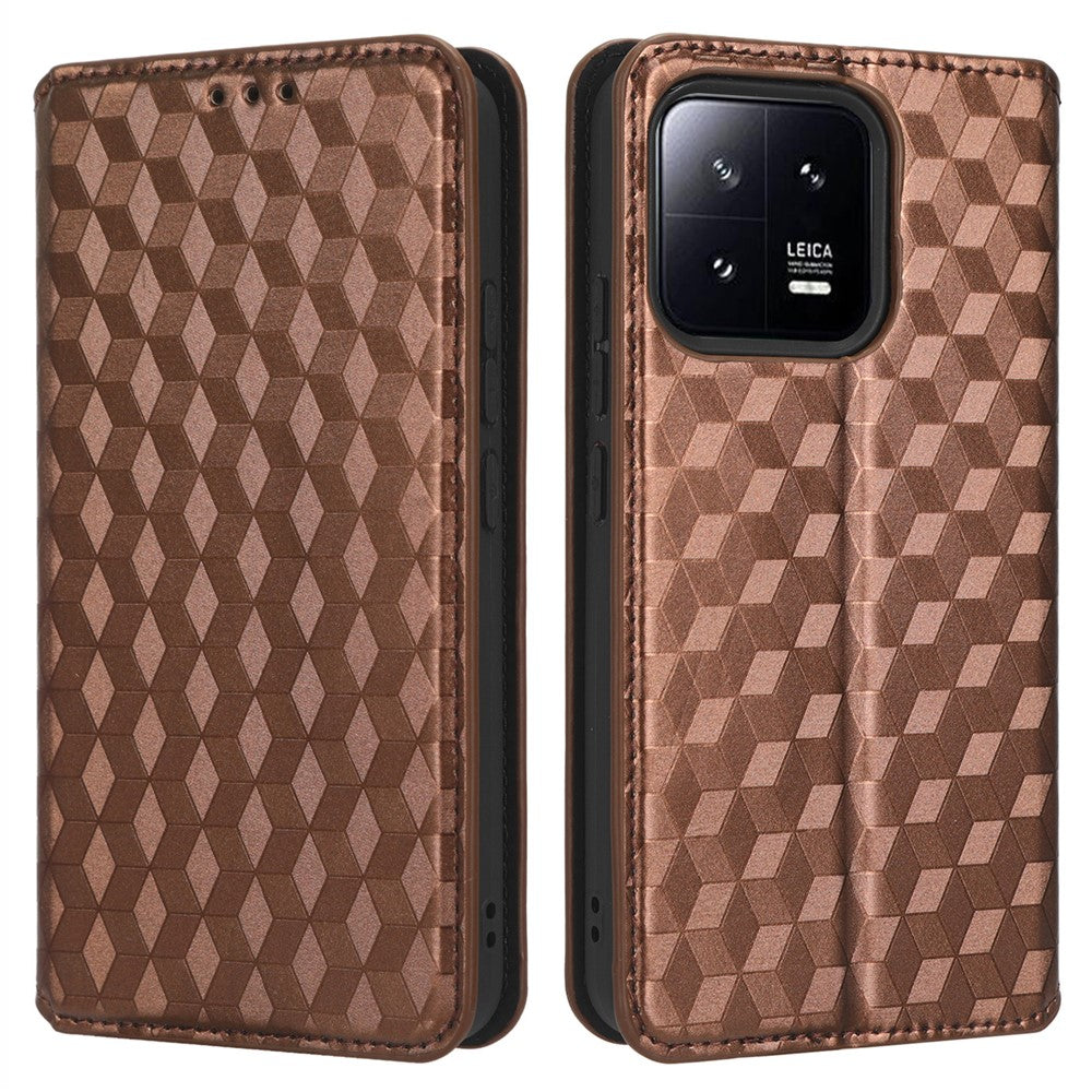 Magnetic Auto Closing Phone Case For Xiaomi 13 5G, Rhombus Pattern Imprinted PU Leather Wallet Stand Cell Phone Cover