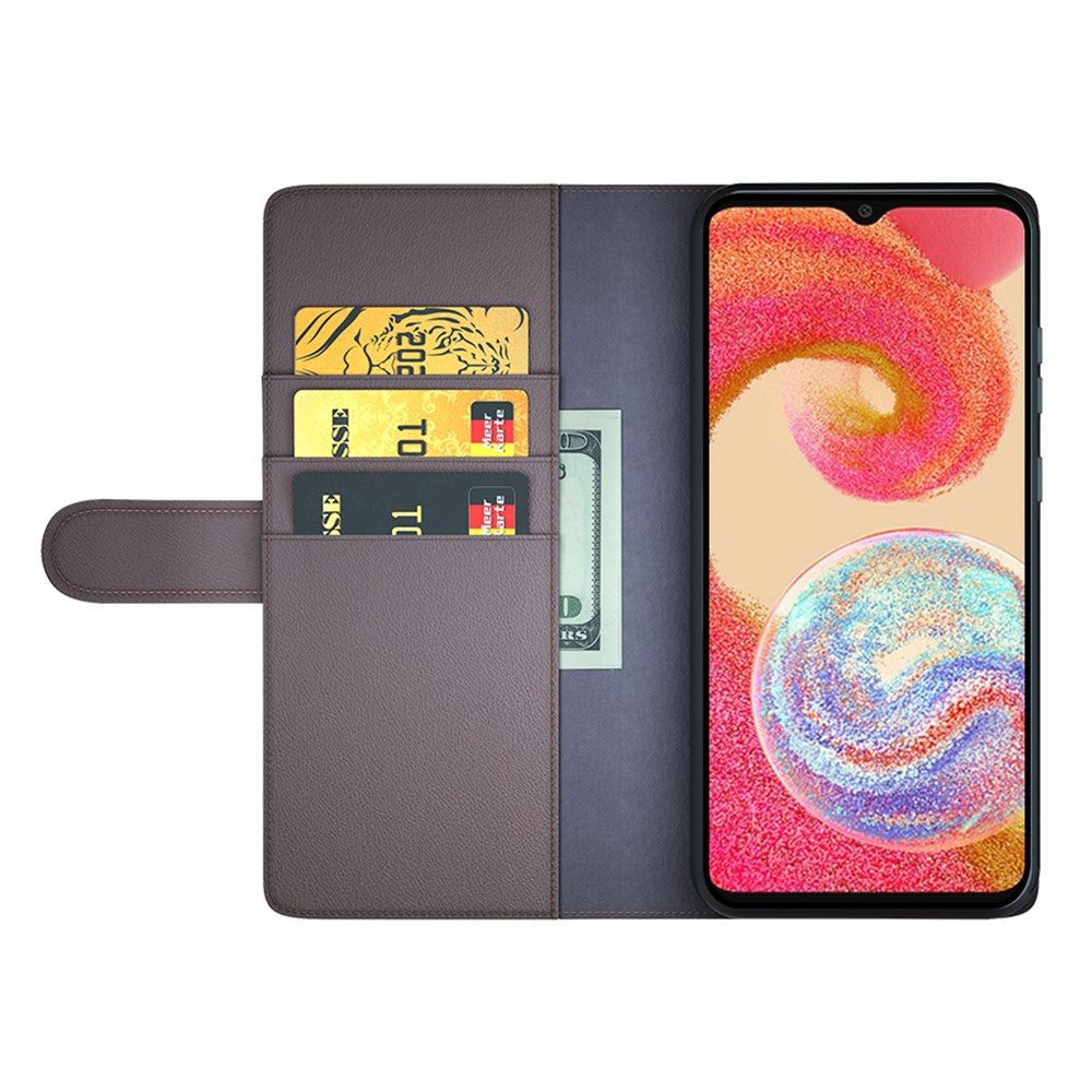 Til Samsung Galaxy A04e 4G / F04 4G / M04 4G etui ægte splittet læder telefoncover med kortholder og stativfunktion